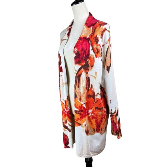 Carmen Marc Valvo 3X Plus Orange Red Beige Floral Knit Open Cardigan Sweater - Picture 2 of 11